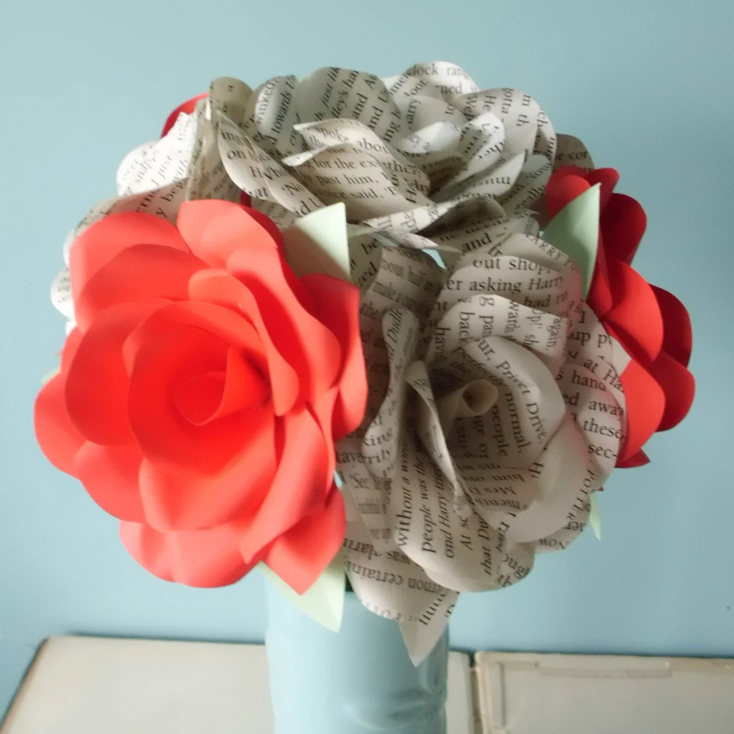 6 x Book Paper Flower Roses, Red Roses Mixed Bouquet, Handmade Paper Flowers - Image 5